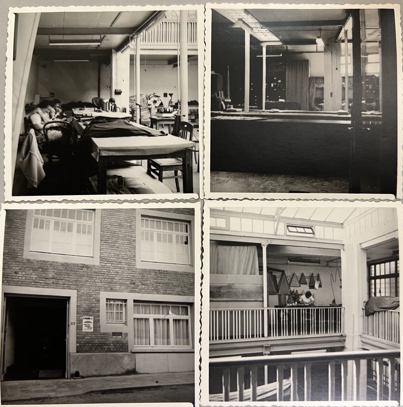 Vier zwart-witfoto's van de werkvloer van de fabriek